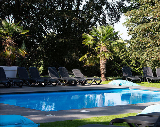 Outdoor pool and building